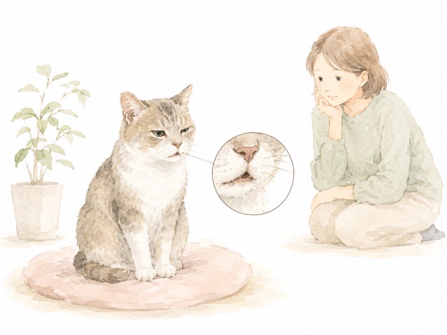 シニア猫の口元の変化に飼い主が気づいて様子を見ているイメージ