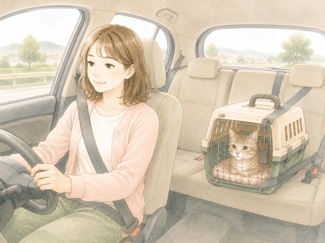 キャリーを後部座席に固定して猫を安全に車で移動する様子
