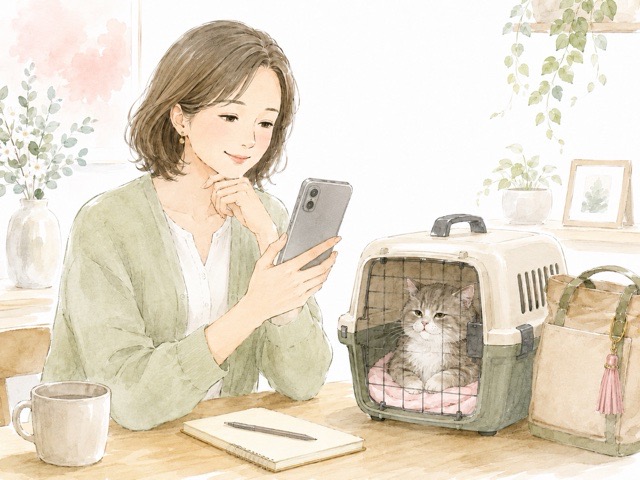 シニア猫の移動前にスマートフォンで料金や予約を確認する飼い主のイメージ