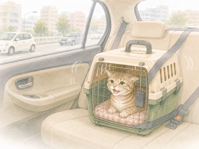 慣れない車の音や揺れに不安を感じて鳴くシニア猫
