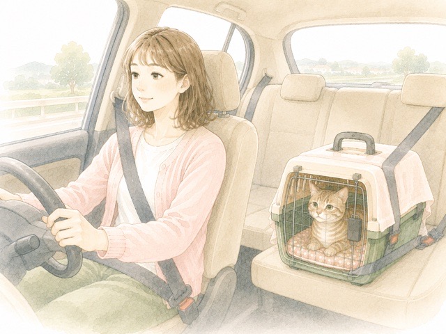 後部座席に固定したキャリーで落ち着いて移動するシニア猫