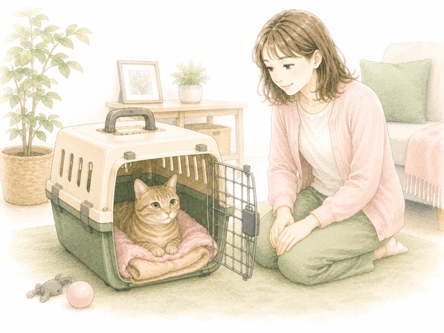 部屋に置いたキャリーの中でくつろぐシニア猫