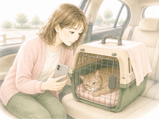 停車した車内でシニア猫の体調を確認する女性飼い主