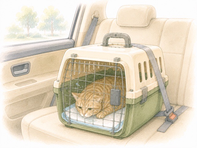車酔いでよだれや元気のない様子が見られるキャリー内のシニア猫