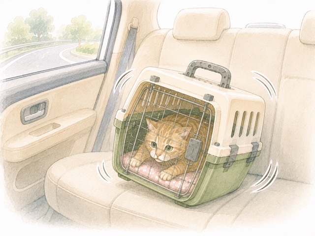 車のカーブによるキャリーの揺れに体を踏ん張るシニア猫
