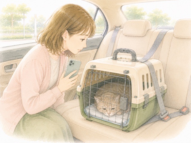 安全な場所に停車しシニア猫の呼吸を確認しながら動物病院へ相談する飼い主