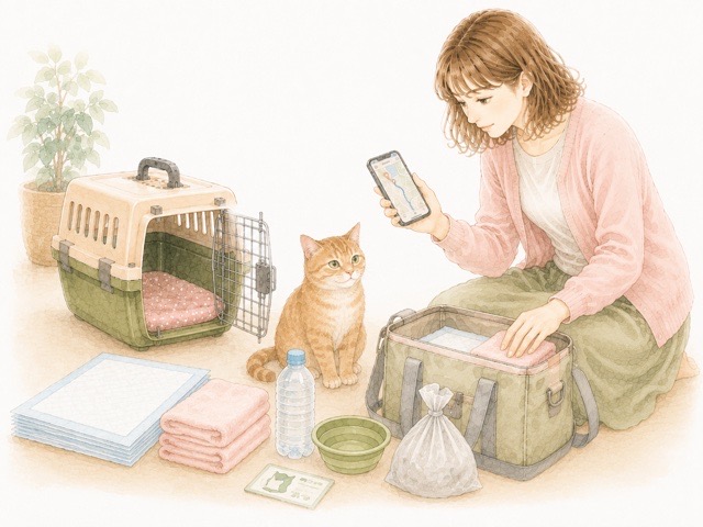 猫との長距離移動に備えて、自宅でキャリーやペットシーツ、飲み水を準備する飼い主