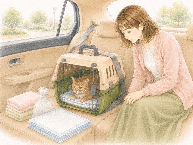 ペットシーツを敷いたキャリーで長距離移動中の猫と交換用品を確認する飼い主