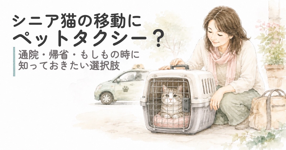 キャリーに入ったシニア猫とペットタクシーを利用する飼い主のイメージ