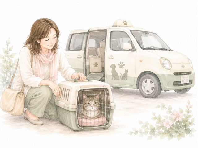 シニア猫と飼い主がペットタクシーで移動するイメージ