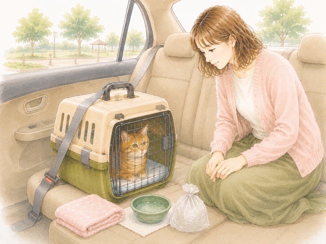 安全な場所に停車してキャリー越しに長距離移動中の猫の様子を確認する飼い主