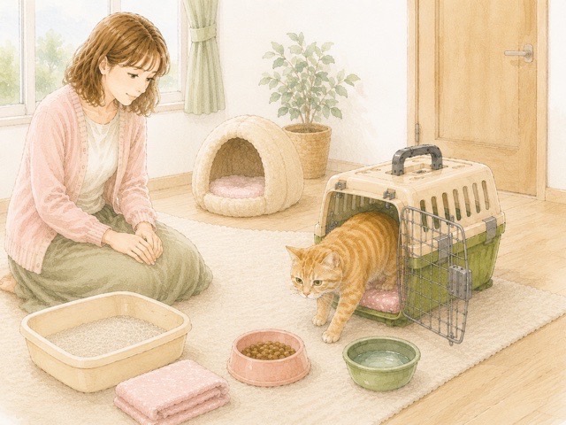 長距離移動の到着後に静かな部屋でキャリーから出るシニア猫