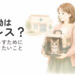 キャリーケースに入ったシニア猫と飼い主が通院や帰省に向かうイメージ
