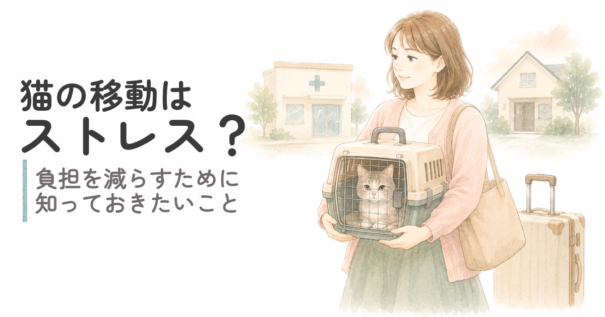 キャリーケースに入ったシニア猫と飼い主が通院や帰省に向かうイメージ