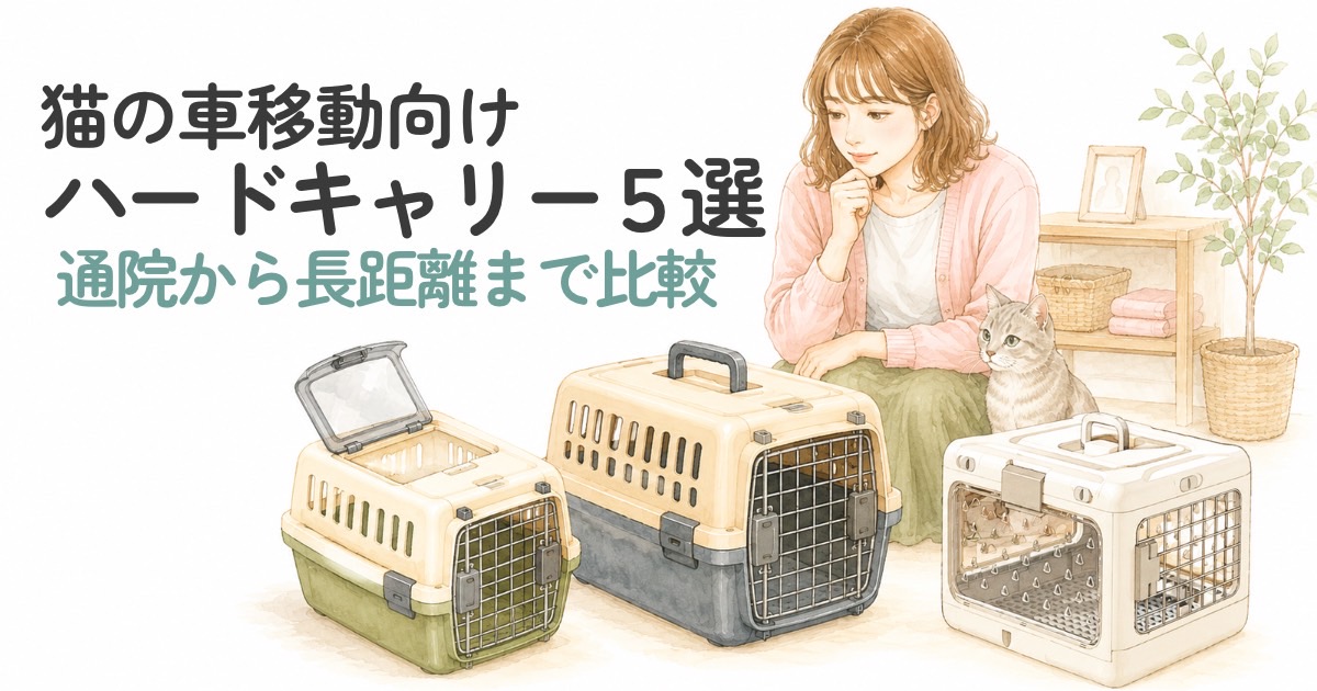 猫の車移動に使うハードキャリーを比較しながら選ぶ飼い主のイラスト