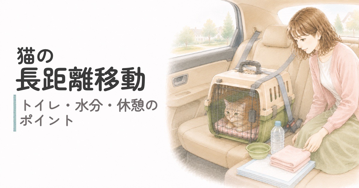シニア猫の長距離移動の前にキャリーや水、ペットシーツを車内に準備する飼い主