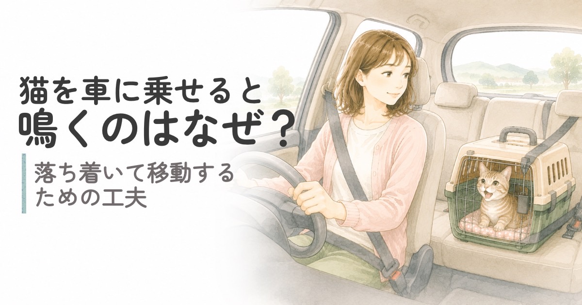 車内のキャリーで鳴くシニア猫と運転する女性飼い主
