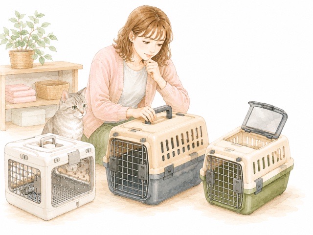 シニア猫の車移動用キャリーを比較し、考えながら選ぶ様子のイラスト