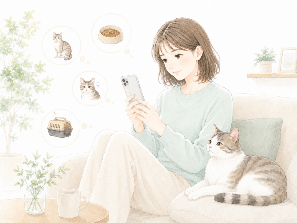 DOQATで猫の悩みや飼い主の経験を探す女性のイラスト