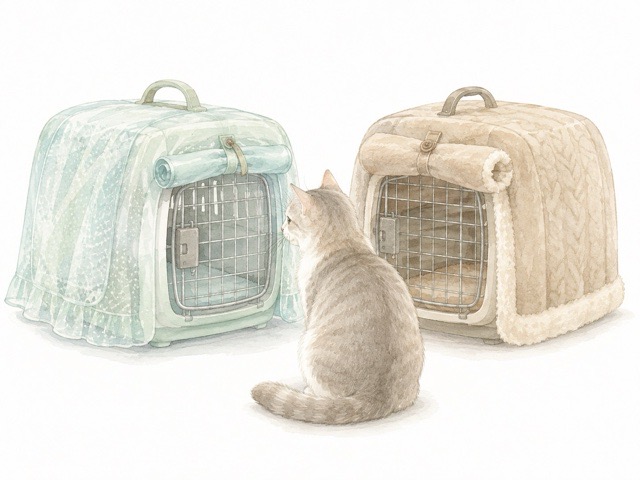 夏用と冬用のキャリーカバーを見比べる猫のイメージ