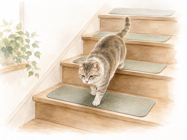 階段に滑り止めを敷いて慎重に歩く猫のイメージ