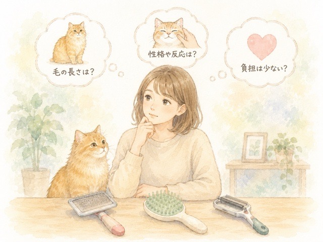 猫の毛の長さや性格、ブラッシングへの反応を考えながらブラシを選ぶイラスト