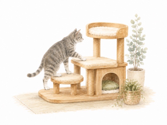 低めのキャットタワーを無理なく使うシニア猫の様子を描いた水彩風イラスト