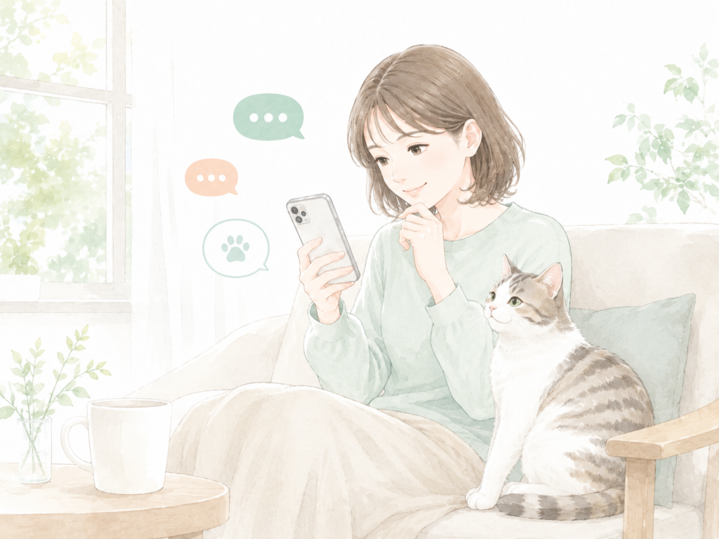 猫と一緒にスマホでDOQATの相談内容を見る女性のイラスト