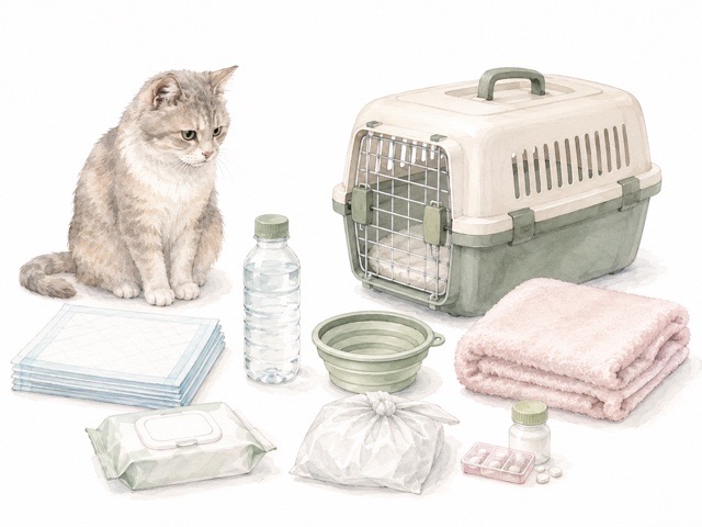 猫の長距離移動で必ず用意したい持ち物が並ぶイラスト