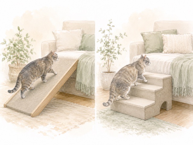 シニア猫がスロープとステップを使って段差を移動する比較イメージ