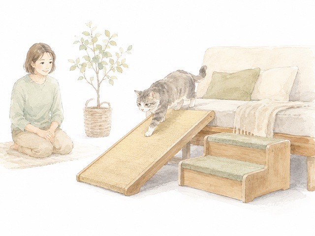 シニア猫がステップやスロープを無理なく使えるか見守っているイメージ