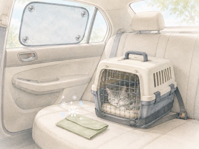 猫の車移動で保冷剤ポーチとサンシェードを使うイメージ
