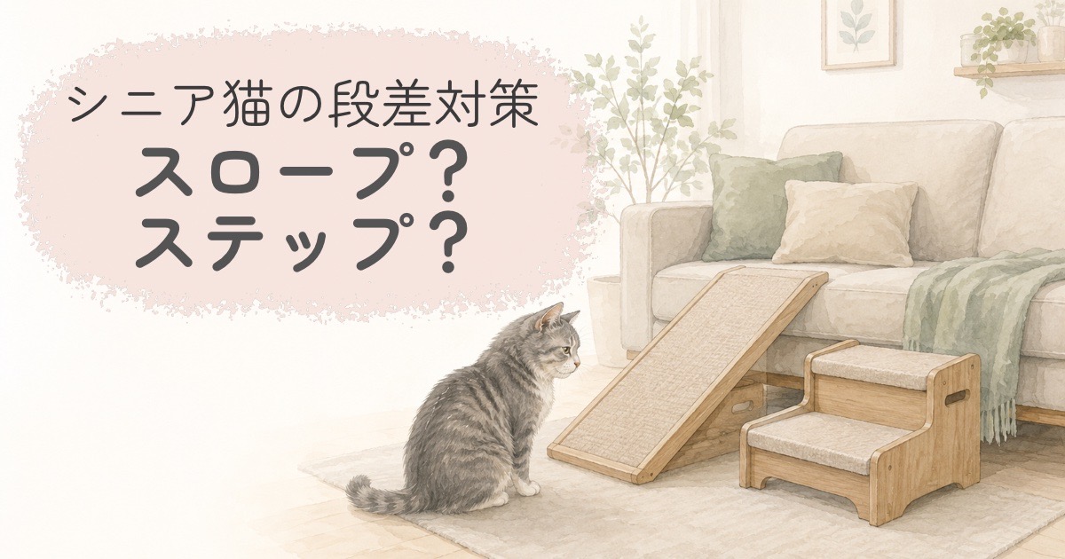 シニア猫の段差対策としてスロープとステップを比較するイメージ