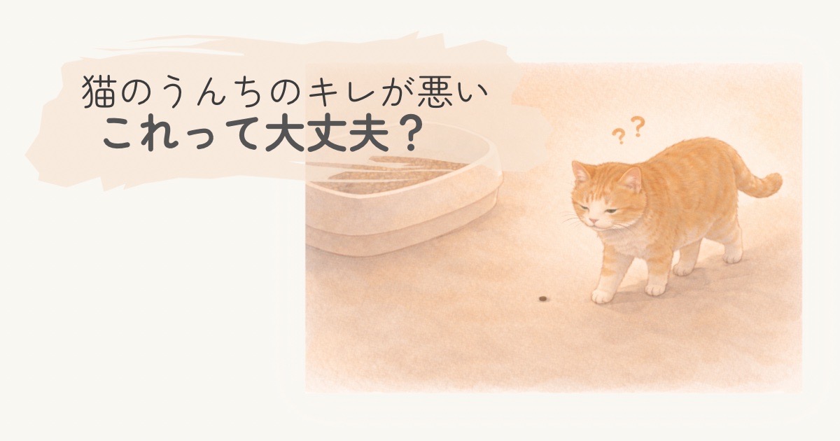 うんちのキレが悪いことに気づき、不安そうに床の小さなうんちを見るシニア猫のイラスト