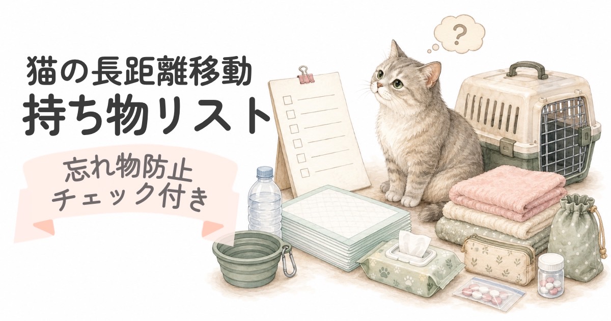 猫の長距離移動に必要な持ち物を見上げるシニア猫のイラスト