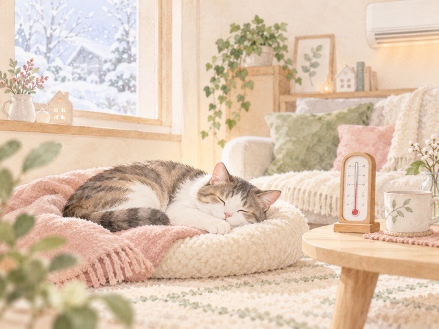 猫のいる冬の室内に室温計があるイメージ