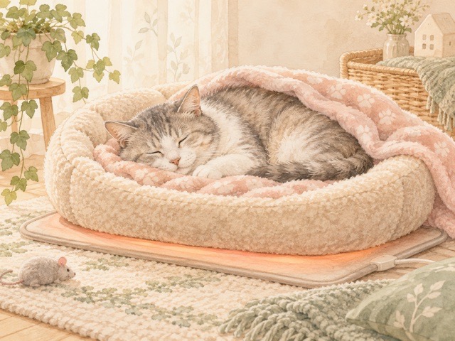 あたたかい寝床で休むシニア猫のイメージ