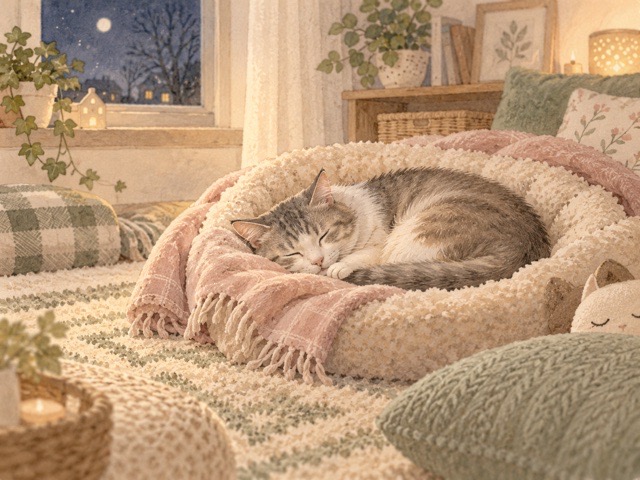 冬の夜に暖かい寝床で休む猫のイラスト