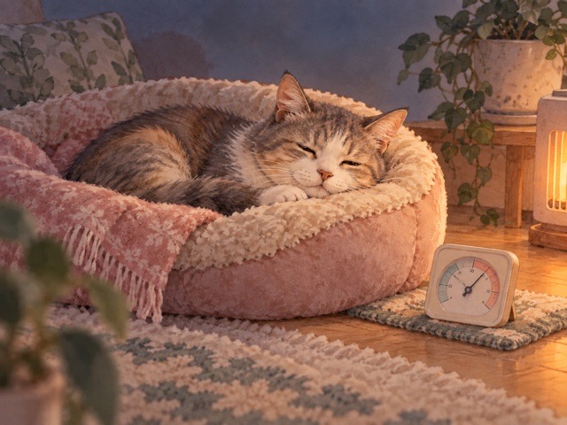 猫の寝床近くで室温を確認するイメージのイラスト