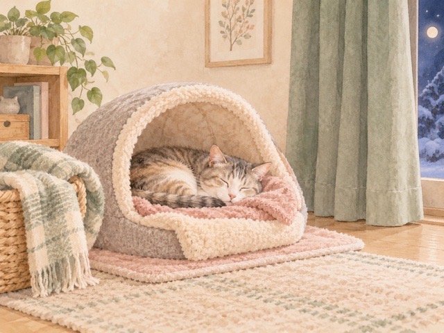 冬の夜に寒さ対策をした寝床で眠る猫のイラスト