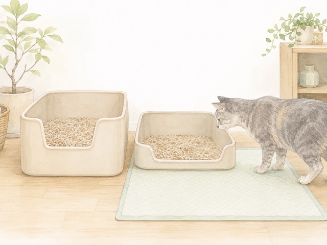 今までのトイレと新しいロータイプのトイレを確認する高齢の猫