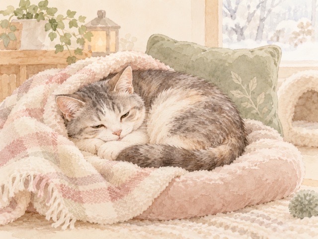 猫が寒いときに体を丸くして過ごす様子のイラスト