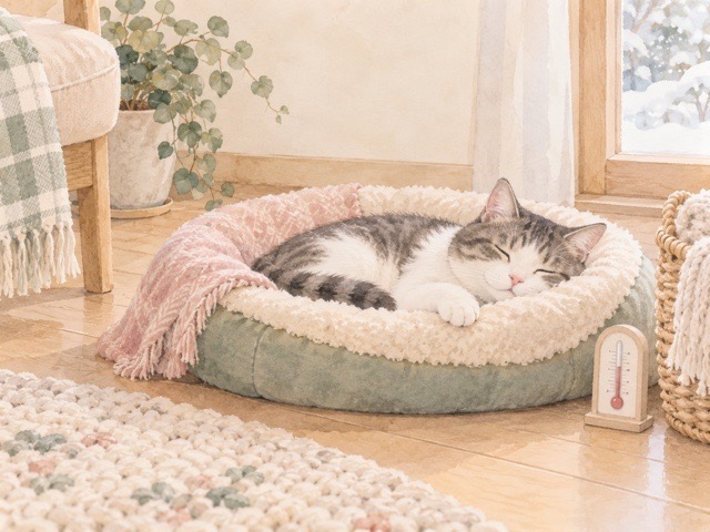 猫が過ごす寝床の近くで室温を確認するイメージ