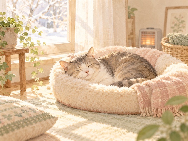 寒い日に暖かい場所で過ごす猫のイラスト