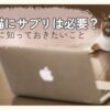 パソコンのそばでくつろぐシニア猫とサプリについて考えるイメージ