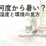 室温計と湿度計のそばで、夏の室内を快適に過ごす猫のイラスト