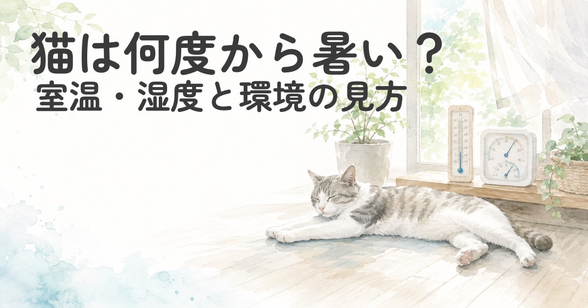 室温計と湿度計のそばで、夏の室内を快適に過ごす猫のイラスト