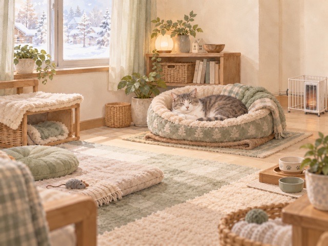 冬の留守番に向けて猫の寝床や室内環境を整えたイラスト