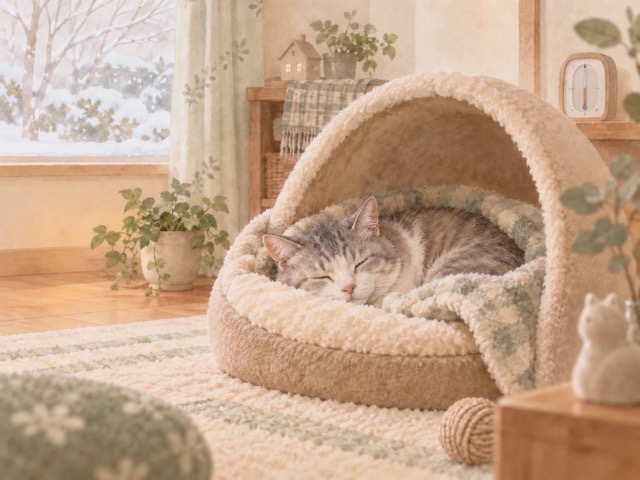 冬の留守番中に暖かい寝床で休む猫のイラスト
