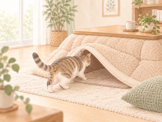 こたつ布団の一部を開けて、猫が出入りしやすく空気の通り道も確保している様子のイラスト